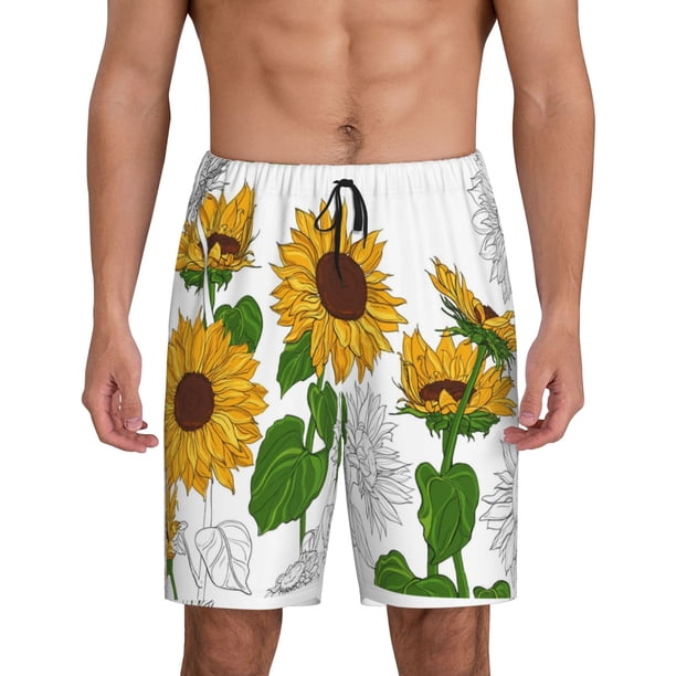 Balery Plump Sunflower And Sketch Pantalones cortos de pijama de punto de algodón para hombre con cinturilla y bolsillos-X-Large
