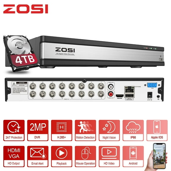ZOSI H.265  16CH 1080P 4in1 HDMI TVI DVR Recorder with 4TB Hard Drive for CCTV Security Camera System