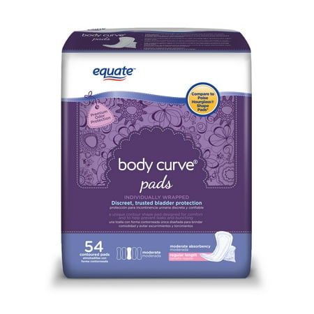 Equate Body Curve Incontinence Pads for Women, Moderate, Regular, 54