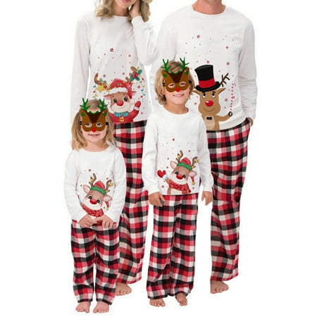 

Christmas Matching Family Pajamas Long Sleeve Cartoon Deer Print Tops + Plaid Pants 2PCS Sleepwear Nightwear