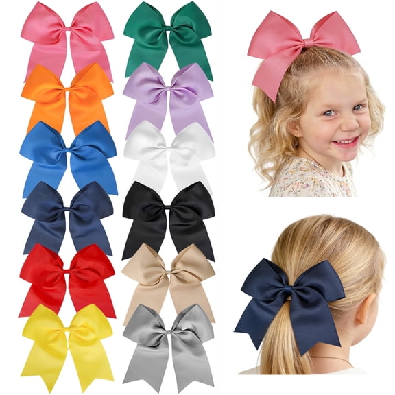 JoyBowie 12 Pcs 8inch Large Satin Hair Bows for Toddlers & Girls 3-12 Years, Grosgrain Ribbon Hair Clips for School Parties
