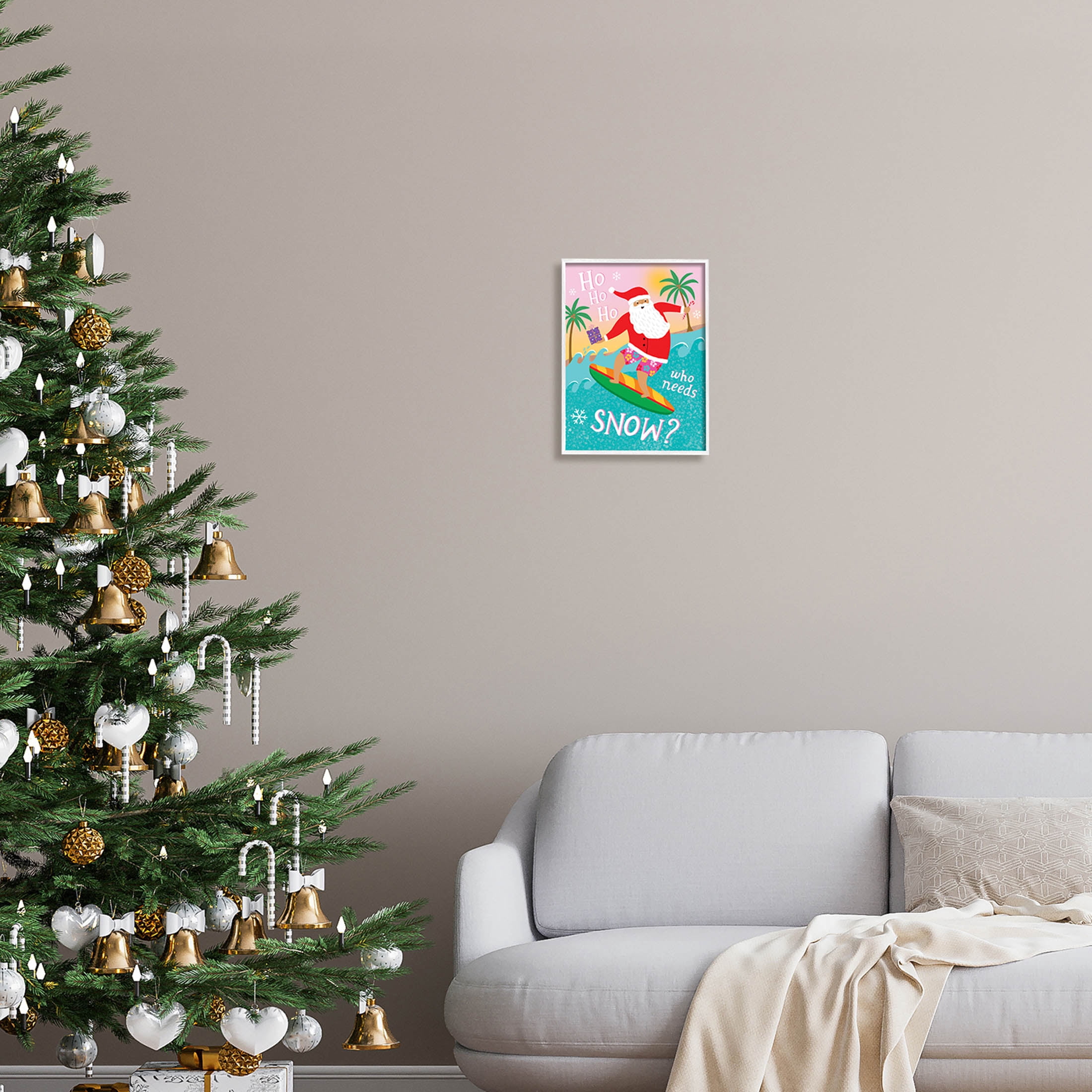 Who Needs Snow Surfing Santa Holiday Graphic Art White Framed Art Print Wall Art