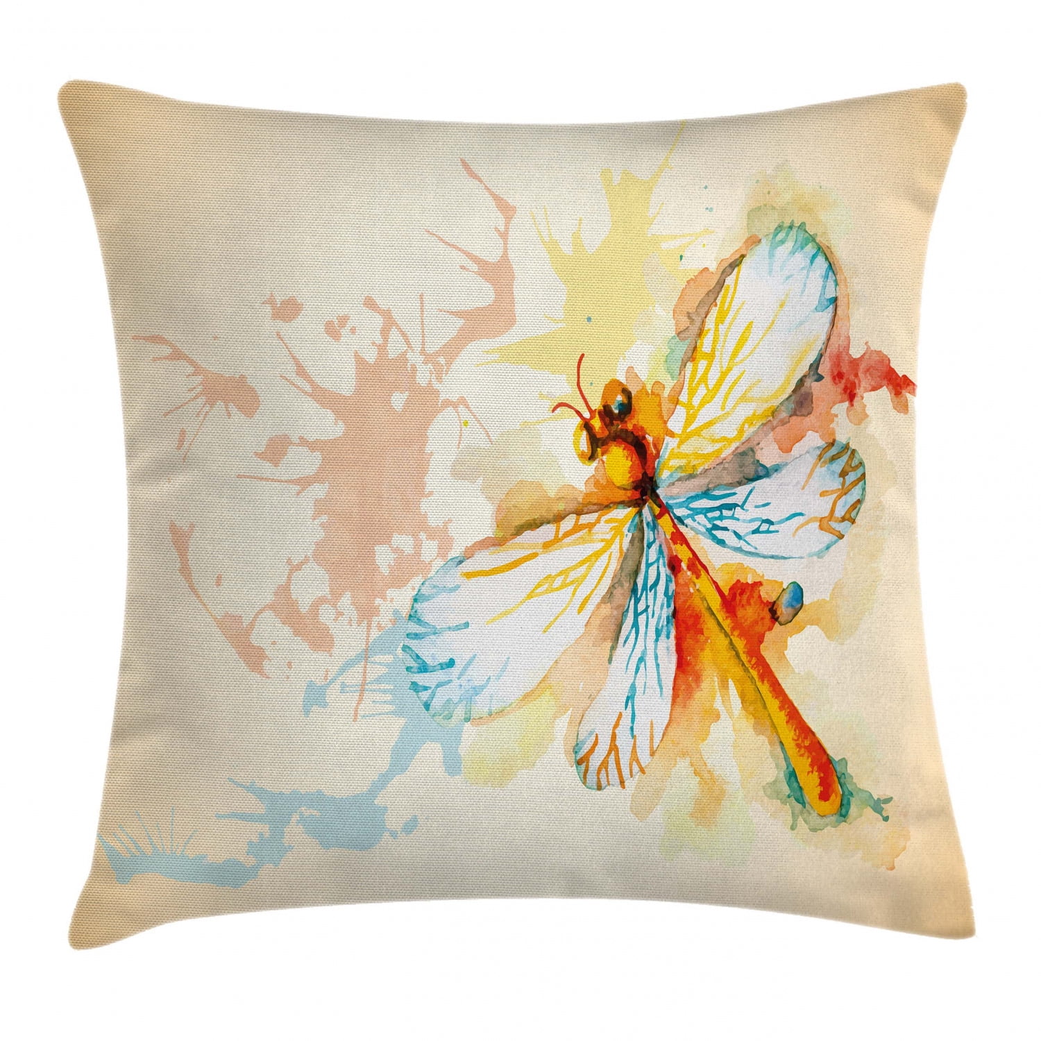 Dragonfly Throw Pillow Cushion Cover, Watercolor Moth with Branch Print Wings on Abstract