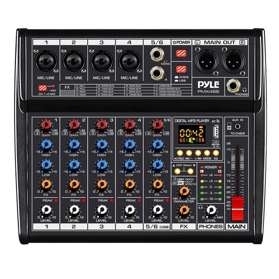 Pyle PMX466 - 6-Channel Audio Mixer w/ Recording Interface - Built-in Multi-FX Processor/AUX Input & MP3 Player, 4 XLR I/O Connectors