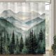 thumbnail image 1 of Cortina de ducha con diseño de bosque, montaña, verde oscuro, naturaleza, niebla, pino, para baño, tela impermeable decorativa, 180 x 180 cm, 1 of 5