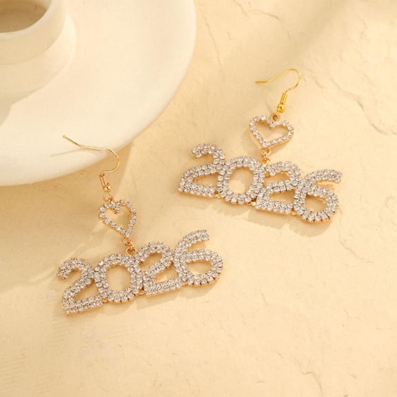 Full Rhinestone Crystal Flower Number 2026 Long Tassel Asymmetric Drop Dangle Earrings Near Year Christmas Party Gift for Women