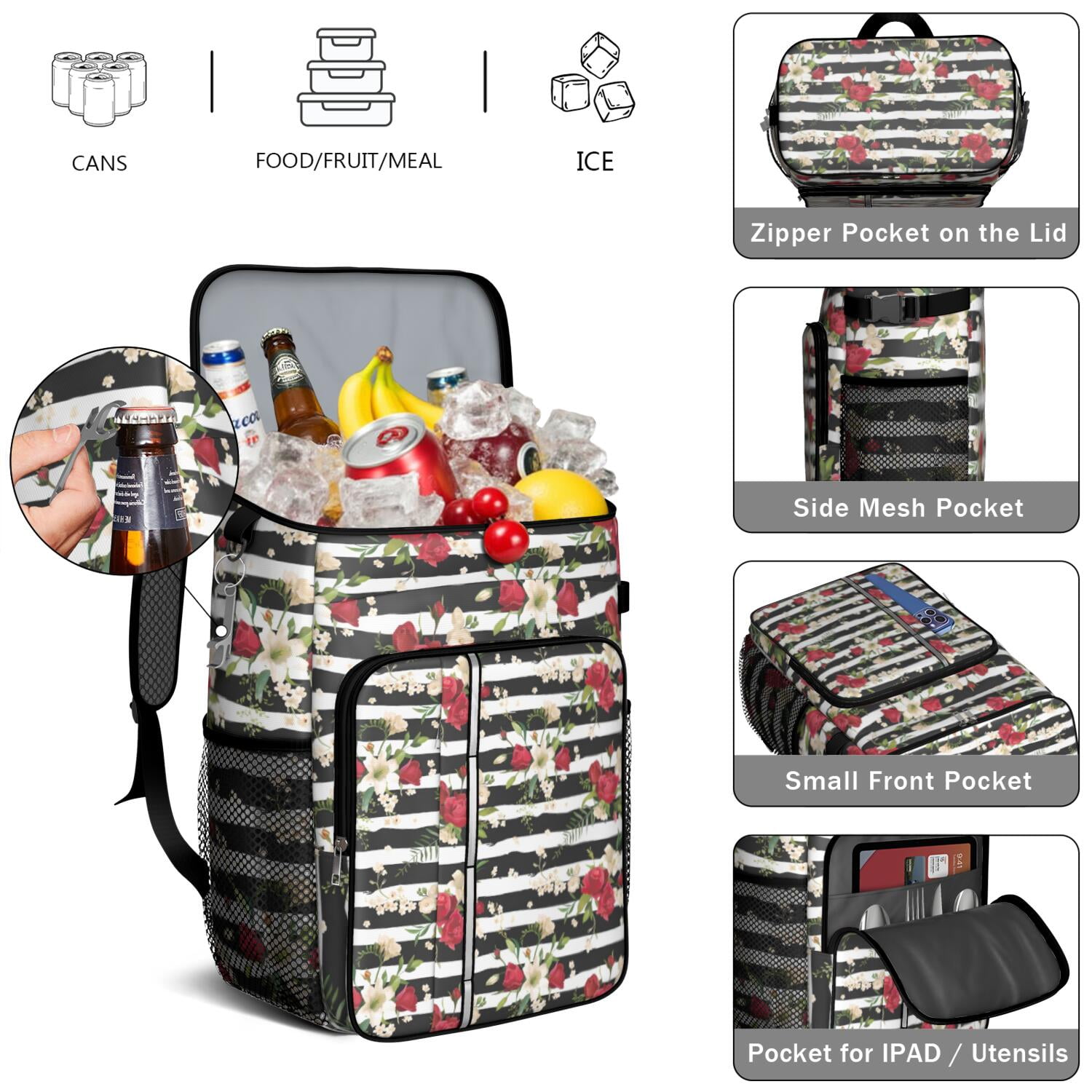 Travel Cooler Bag - Pioneer Flower Floral Print Pattern Camping Beer Cooler Backpack with Bottle Opener- Waterproof Insulated Picnic Backpacks - Cooler Bag for Beach
