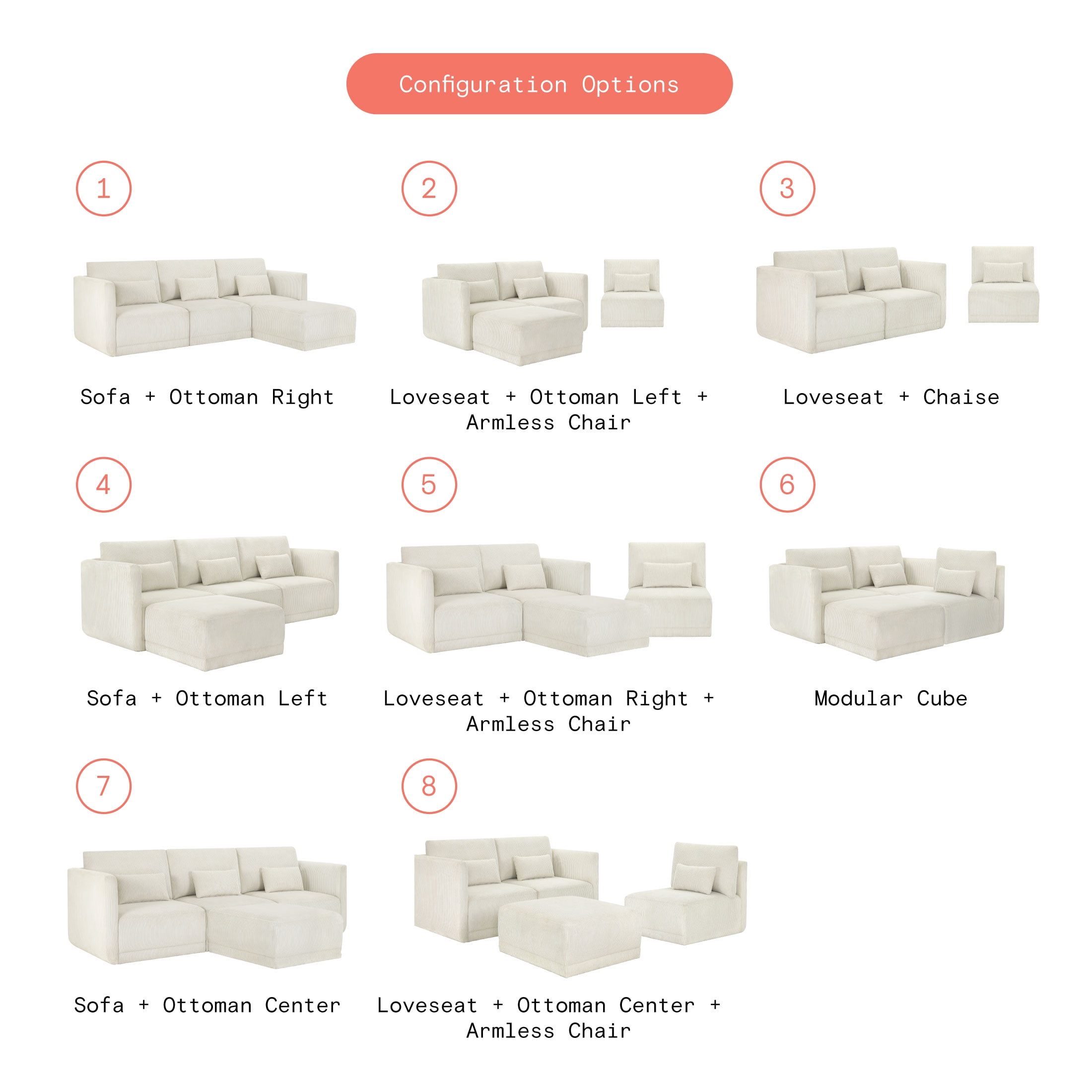 Beautiful Drew Modular Sectional Sofa with Ottoman by Drew Barrymore, Vanilla Cord