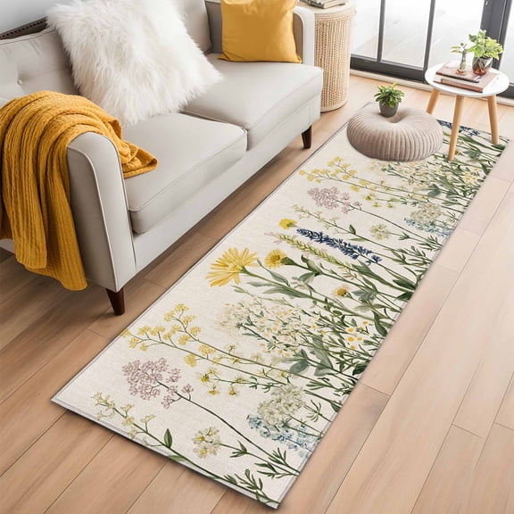 Yellow Spring Floral Kitchen Runner Rug 2x6 Washable Runners for Hallway Non Slip Summer Botanical Flowers Rustic Large Area Rug Indoor Floor Carpet for Bathroom Laundry Entryway Bedroom Living Room