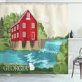 thumbnail image 1 of Georgia Shower Curtain, Welcome to Peach State Calligraphy with a House, Fabric Bathroom Set with Hooks, 69W X 70L Inches, Eggshell Vermilion Turquoise and Tan, by Ambesonne, 1 of 3