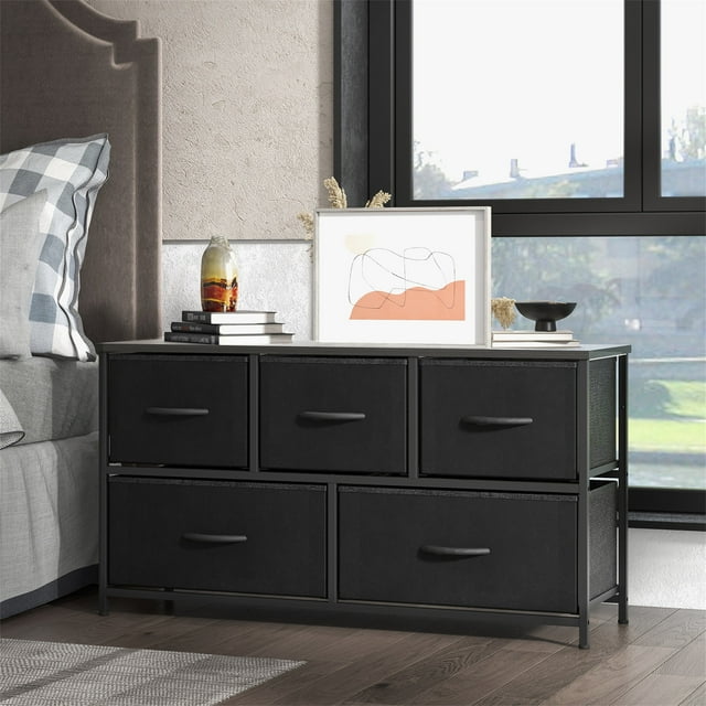 Kepooman Dresser for Bedroom with 5 Drawers, Wide Chest of Drawers, Furniture Storage Tower Unit, Storage Cabinet,Storage Organizer Unit with Fabric Bins for Living Room, Hallway, Black Kepooman Dresser for Bedroom with 5 Drawers, Wide Chest of Drawers, Furniture Storage Tower Unit, Storage Cabinet,Storage Organizer Unit with Fabric Bins for Living Room, Hallway, Black