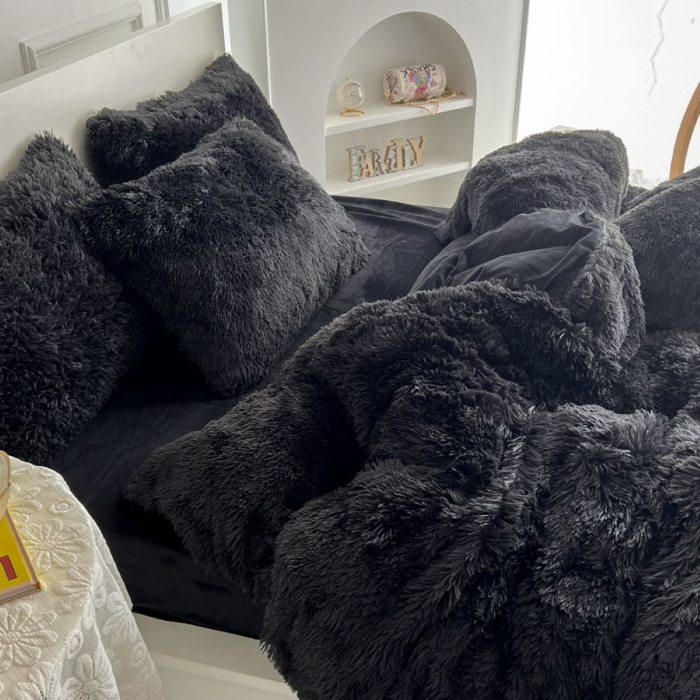 Sanmadrola Bedding Comforter Sets Bed in a Bag Queen Size Shaggy Plush Faux Fur Fluffy Bedding Sets Duvet Cover Soft Velvet Fuzzy Quilt Cover with 2 Pillow Cover Black