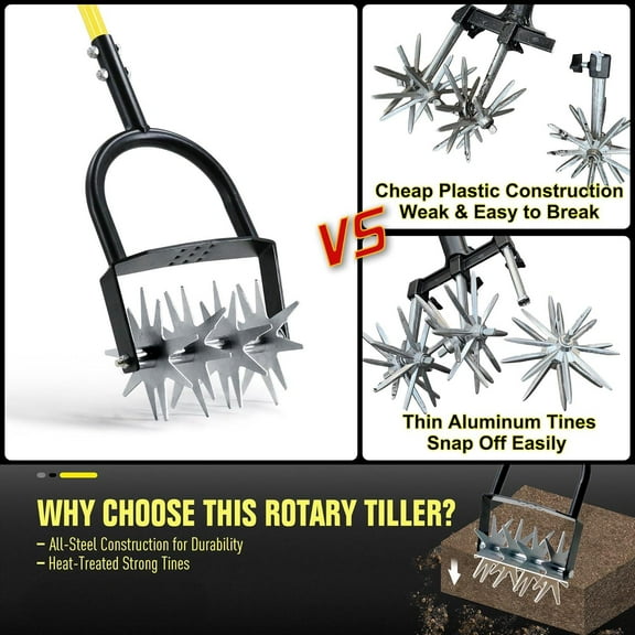 Rotary Cultivator for Gardening, Long Handle Garden Cultivator for Soil Mixing, Reseeding, Lawn Aerating, Hand Tiller with Auxiliary Handle Suitable for Women and The Elderly