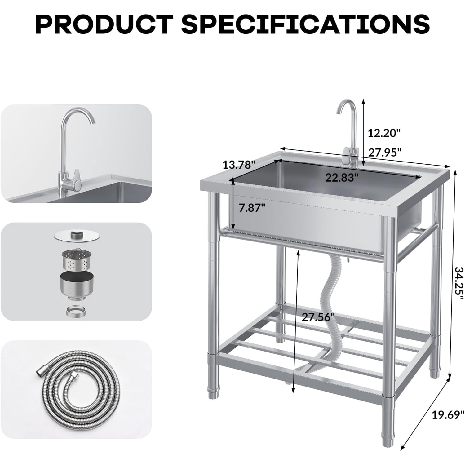 AOILE Free Standing Stainless Steel Utility Sink with Hot & Cold Water Pipes, Single/Double Bowl, Commercial Laundry & Kitchen Sink with Workbench