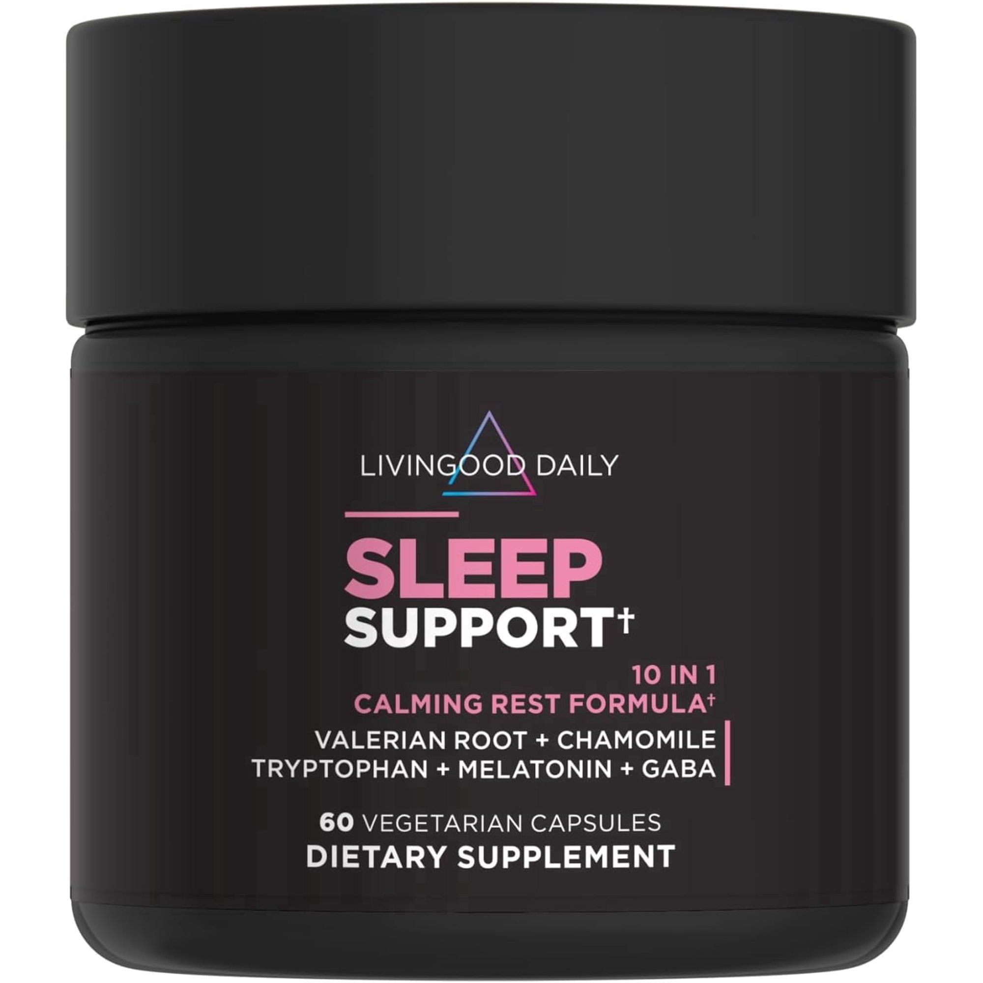 Livingood Daily 10-in-1 Sleep Support Supplement w/ Melatonin, Valerian Root, Chamomile, Tryptophan & GABA , 60 Capsules