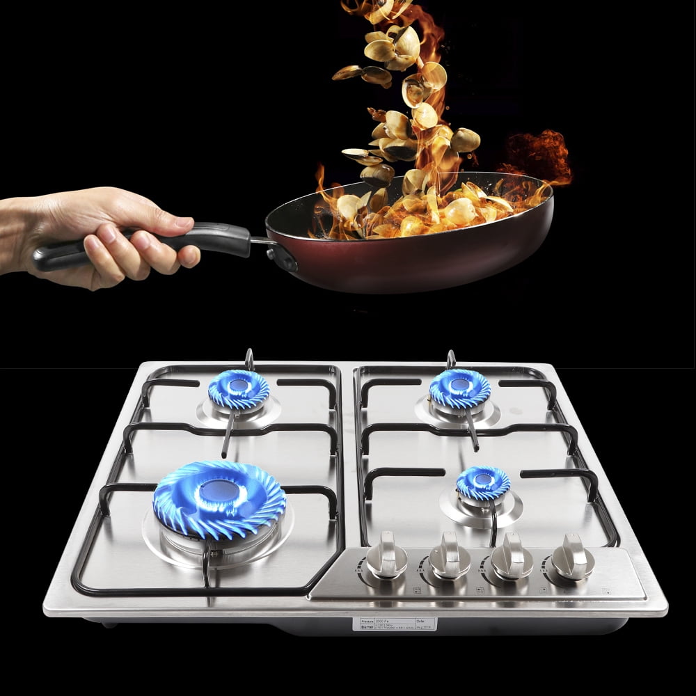 Wildnix Gas cooktop with four high-powered sealed burners, easy-to-use controls, stainless steel surface, thermocouple flameout protection, anti-slip cast iron grates for stable cooking