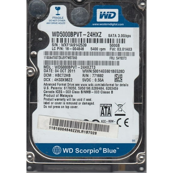 WD5000BPVT-24HXZT3, DCM HBCT2HB, Western Digital 500GB SATA 2.5 Hard Drive