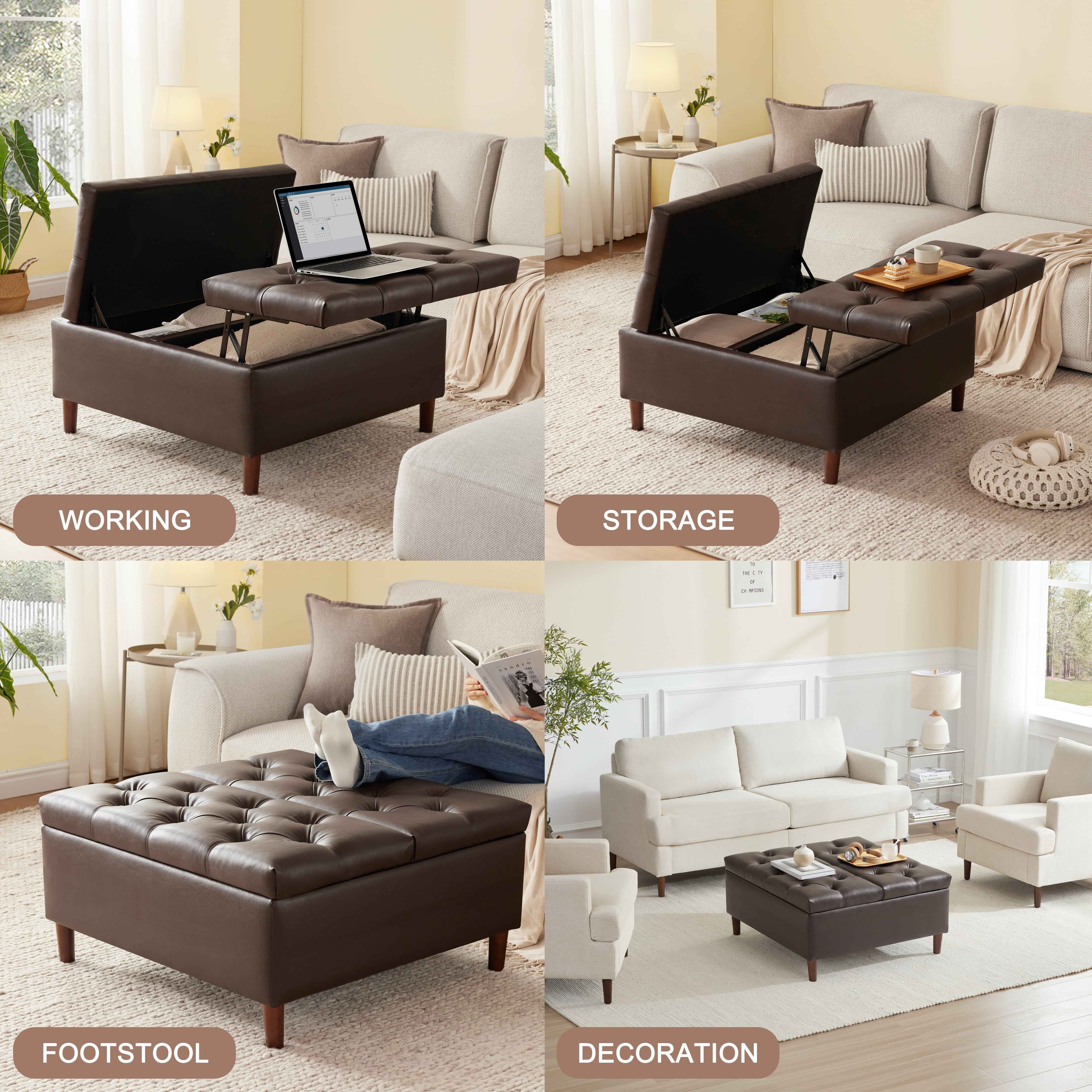 Weture Leather Oversized Square Storage Ottoman, Tufted Upholstered, No Assembly Required, 35 Inch, Brown