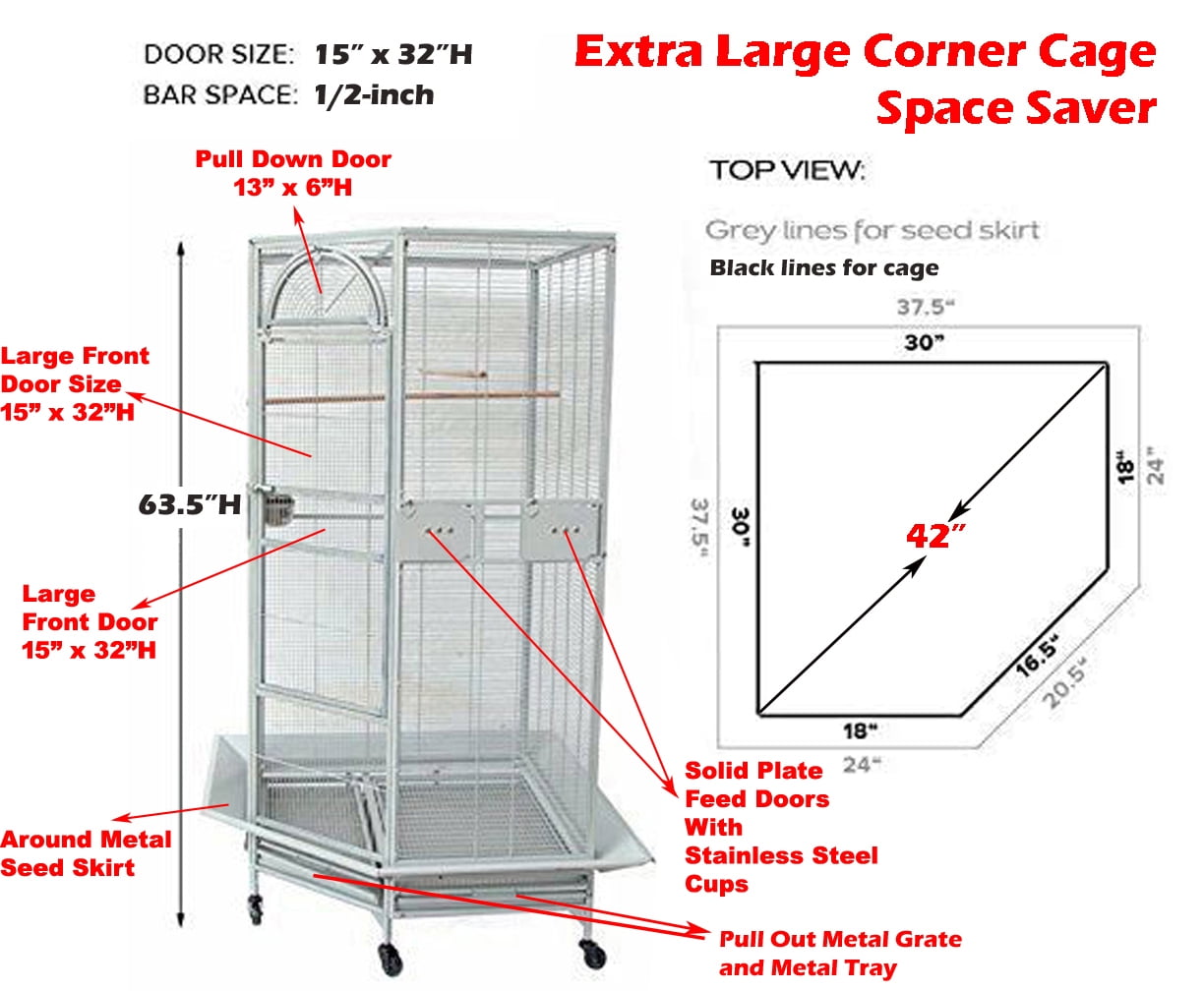 EXTRA SPACIOUS Deluxe Corner Flight Bird Parrot Breeding Cage 1/2-inch Bar Spacing With Around Metal Seed Skirts for Cockatiel Parakeet Budgies Aviary Canary Lovebird Finch