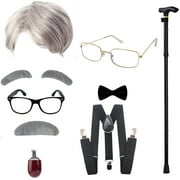 4E's Novelty Old Man Costume 10 Pcs Set for Kids ages 3-14 Years - 100 Days of School Costume for Boys Dress Up Accessories Includes Wig Cane