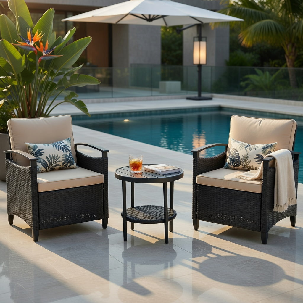 Hommoo 3-Piece Outdoor Rattan Patio Furniture Set, 2 Seater Sofas with Cushions + Storage Coffee Table with Shelf, Weather-Resistant Wicker Garden & Backyard Set, Brown and Black