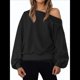 thumbnail image 3 of Sudadera Holgada Informal de Larga con Hombros Descubiertos para Mujer, Estilo Jersey de Otoño Negro XXL, 3 of 8