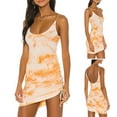 thumbnail image 6 of Women Spaghetti Strap Sexy Low Collar Bodycon Mini Dress Gradient Tie-Dye Backless Ribbed Irregular Drawstring Clubwear, 6 of 20