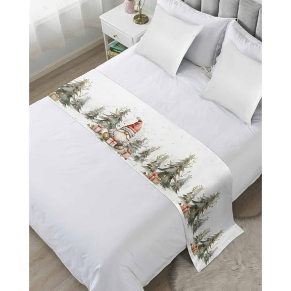 Christmas Gnomes Bed Runner for Twin Size Bed, Xmas Tree Watercolor Red Bedspread Protector Slipcover Bed Scarf for Foot Bed Runners & Scarves for Bedroom Hotel Wedding Room 71x20 Inches