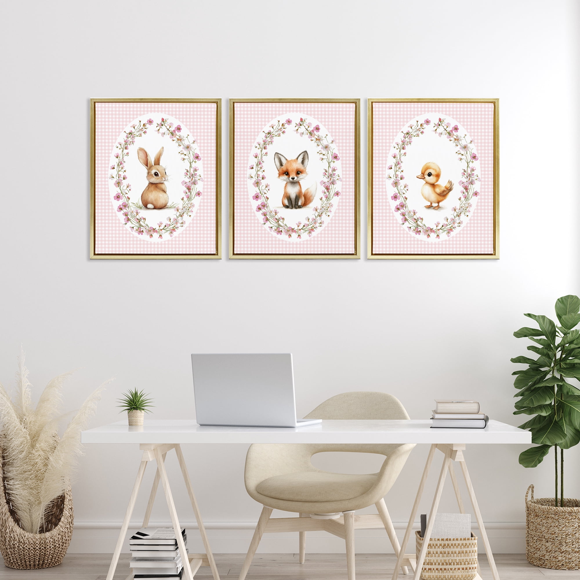 Stupell Industries Spring Gingham Animals 3 Piece Gold Framed Floater Canvas Set, design by Christine Simpson Art