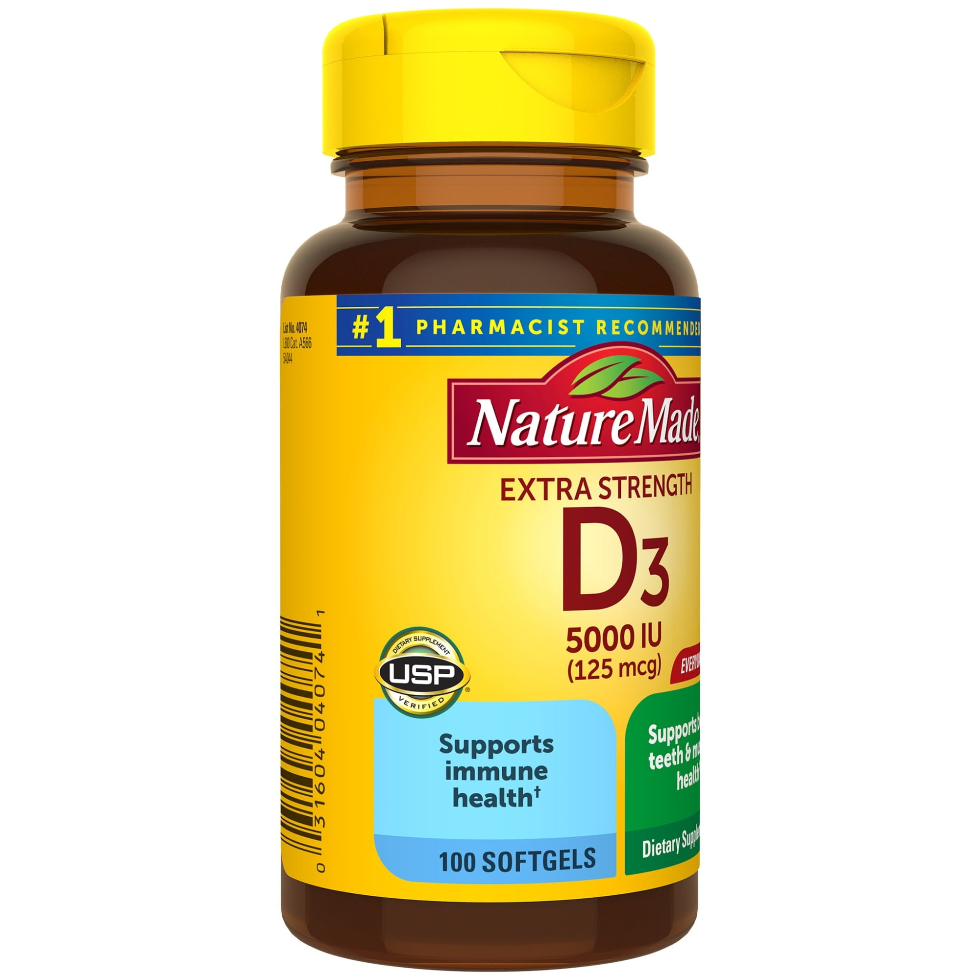 Nature Made Extra Strength Vitamin D3 5000 Iu 125 Mcg 100 Softgels High Potency Vitamin D Helps Support Immune Health Strong Bones And Teeth Muscle Function Walmart Com Walmart Com