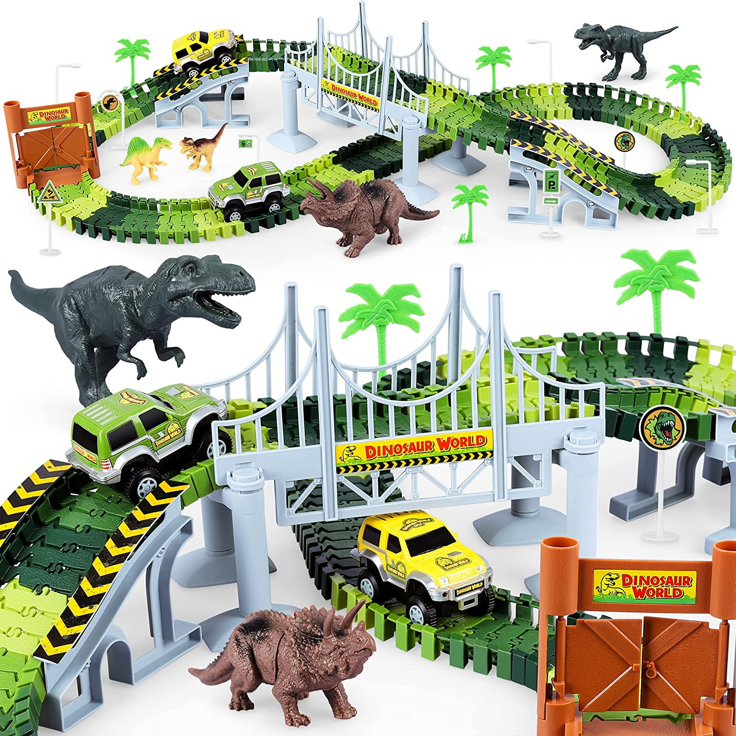 Boby Dinosaur Race Car Track Toy，163pcs Flexible Tracks Playset，Dinosaur World Road Race Car Track Set，Dinosaur car Toys Perfect Birthday Toys for 3,4,5,6,7,8+Years Old Boys Girls Children 