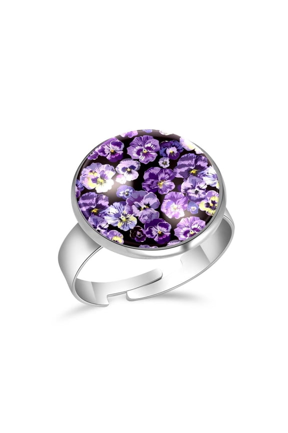 Purple Pansy Flowers Skull Pattern Stainless Steel Rings for Women, Open Adjustable Ring Promise Ring Jewelry Gifts
