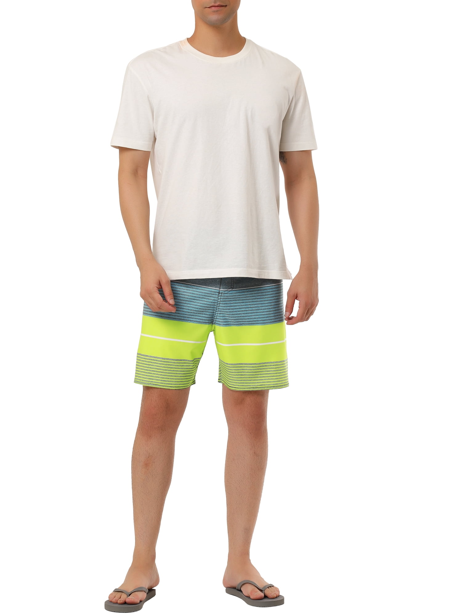 Unique Bargains Men's Summer Printed Drawstring Color Block Swim Beach Shorts 30 Yellow Blue