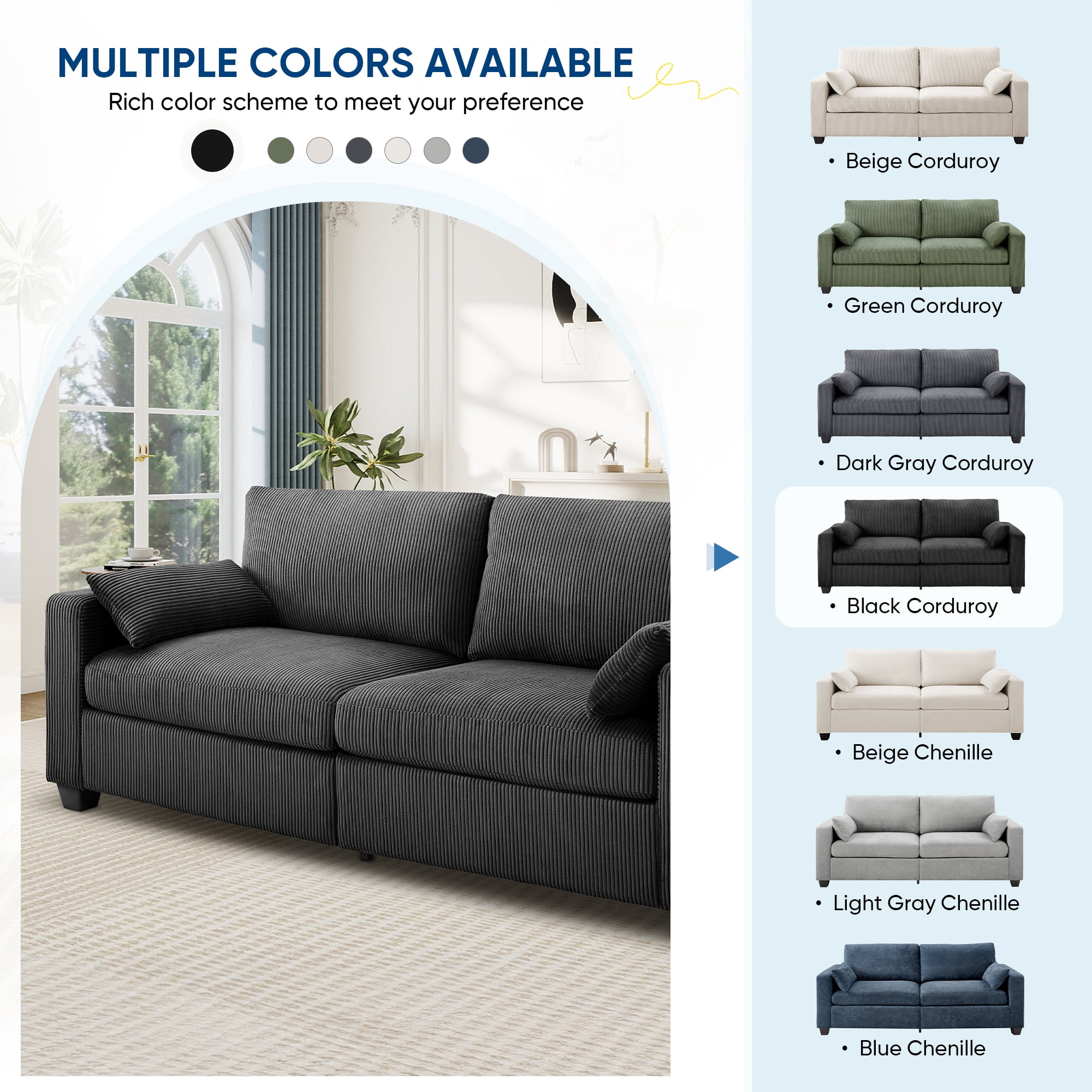 Lunale 79" Corduroy Loveseat Sofa, Modern Cloud Couch for Living Room, Apartment, Black