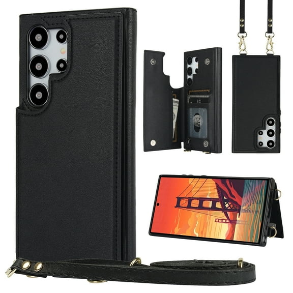 Dteck Flip Leather Wallet Case for Samsung Galaxy S24 Ultra, S24 Ultra 5G Crossbody Wallet Phone Case with Credit Card Holder Strap Lanyard, Women Girl Purse Kickstand,Black