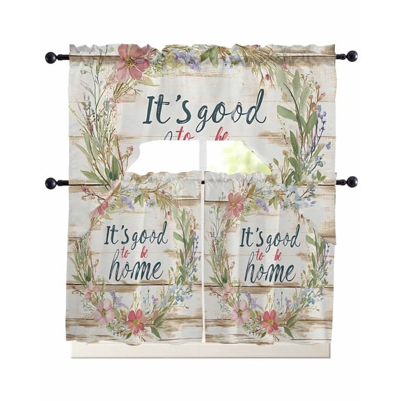 Floral Botanical Wreath Kitchen Curtains Sets 24 Inch Length with Valance, Rustic Wooden Swag Valances and Tiers Curtain Set Drapes Swag Curtains for Living Room, Bathroom, Bedroom, Cafe