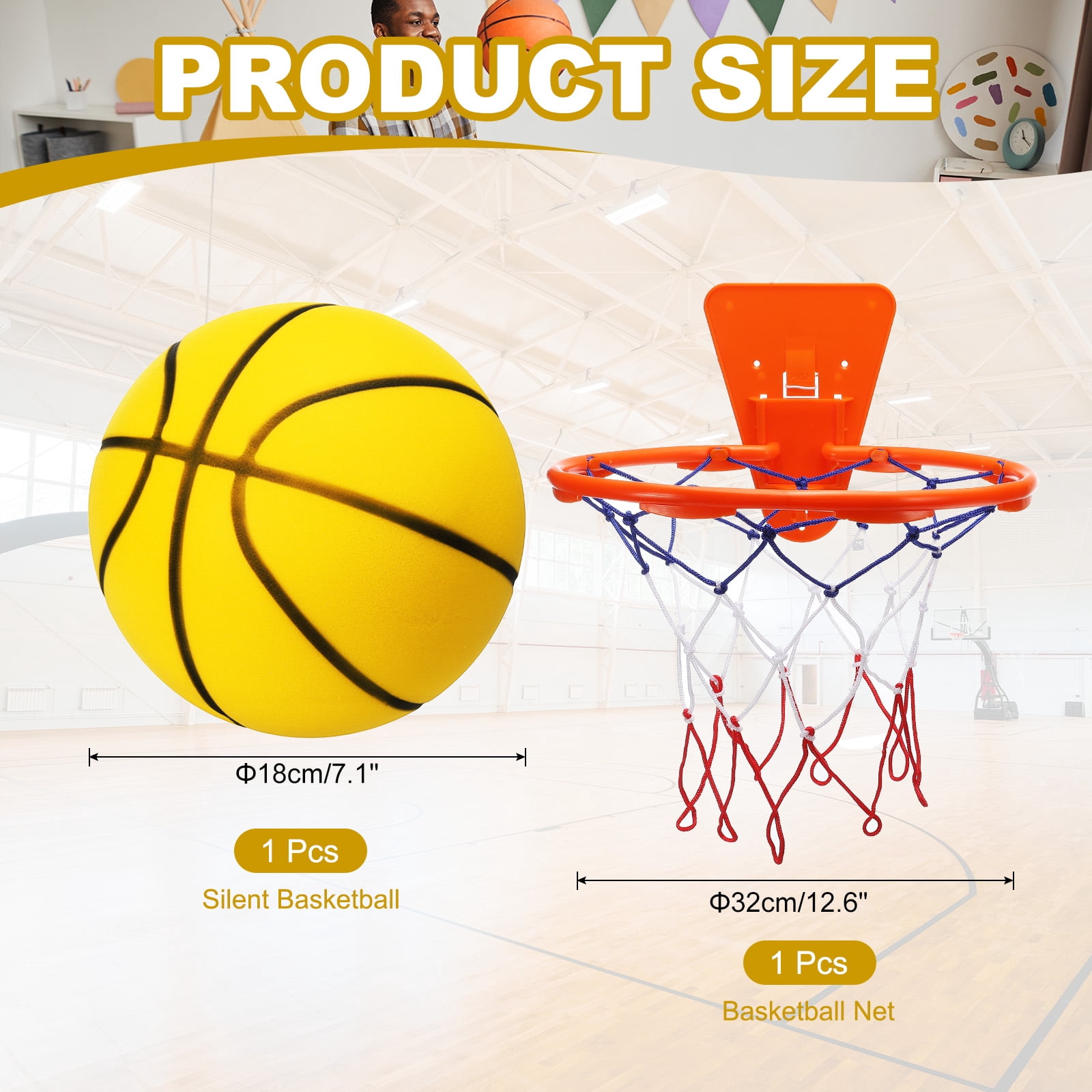 Uxcell Silent Basketball No Noise High-Density Foam Dribbling Indoor Basketball with Net for Quiet Dribbling Yellow NO.3