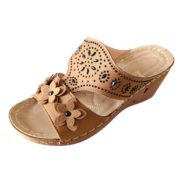 Hyknon Sandals for Women Summer Leisure Comfortable Rhinestone Flower Wedges Arch Support Comfortable Sandals