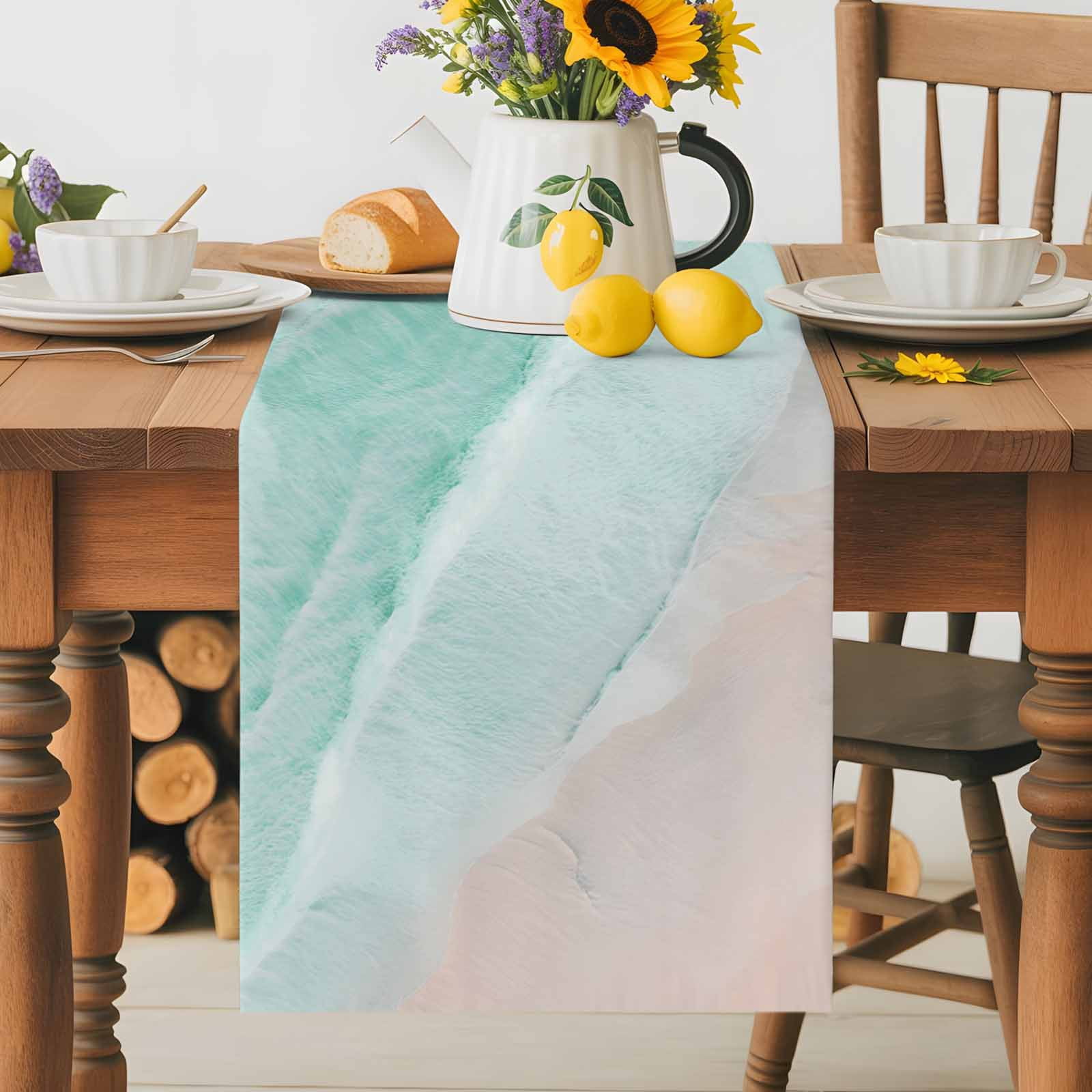 Summer Beach Green Water Ripples Table Runner 90 Inches Long, Coastal Seaside Waves Table Runners Tabletop Scarf Kitchen Dining Tables Decoration for Home Party Indoor Outdoor