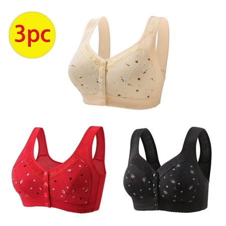 WCMZJ 3 Pack Daisy Bras for Women No Underwire Front Closure Comfort Senior Wireless Snap Closing Bra Plus Size Push up Bracieres Breathable Bra