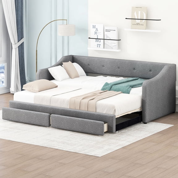 Twin Xl To King Size Upholstered Daybed With Storage Drawers - Modern And Practical Gray Bed For Home In Size, Elegant Any Living Area