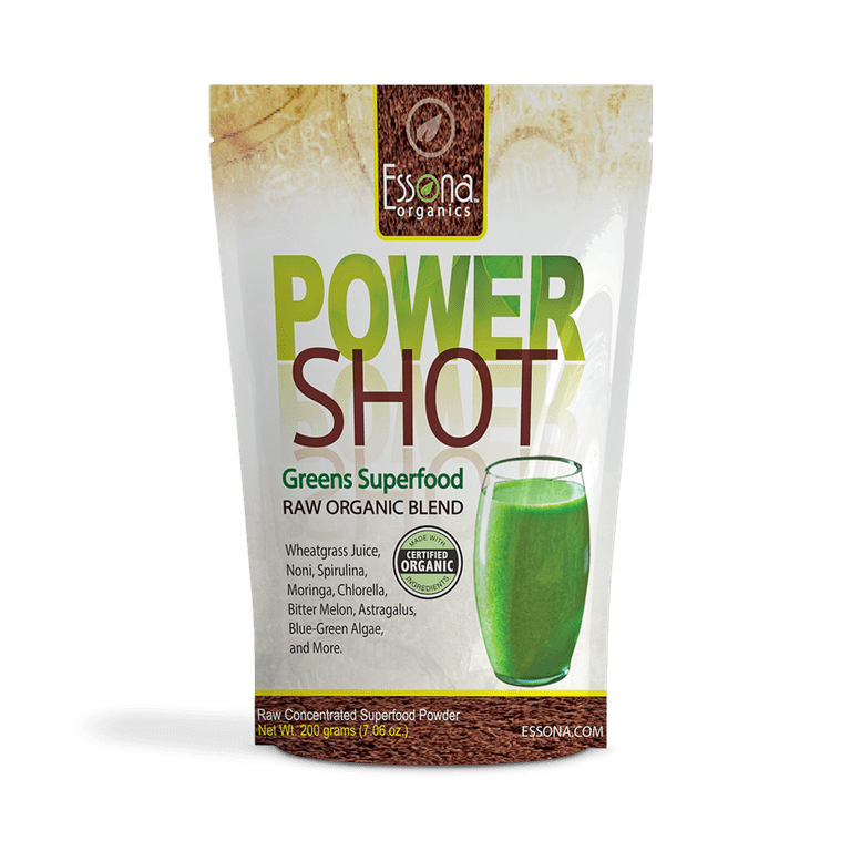 100 % PURE - Raw Organic Vegan - Power Shot Greens Superfood Blend -  Spirulina, Chlorella, Wheat Grass, Kale, More! - 65 SERVINGS from Essona