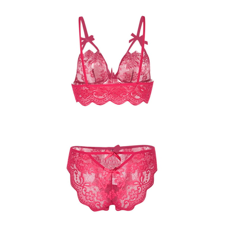 YYDGH Womens Sexy Lingerie Set Sheer Mesh Lace Bra and Panty Sets Sleepwear  Nightwear Hot Pink XL