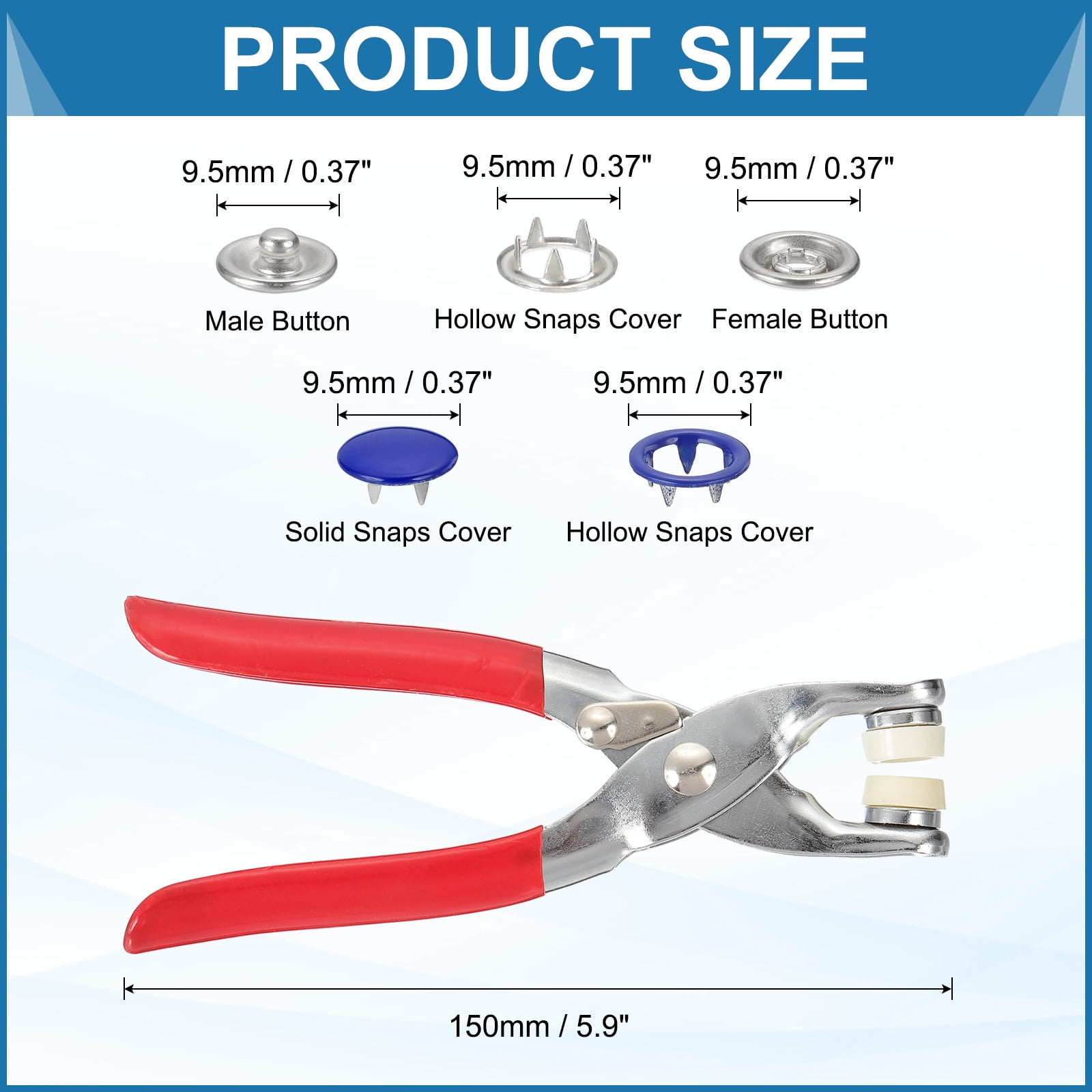 Uxcell 200Set Metal Snap Button Kit 9.5mm Hollow & Solid Prong Snap Buttons with Fastener Pliers for Sewing Fabric Leather Clothing Rain Coat Diapers Bibs Crafting, Dark Blue