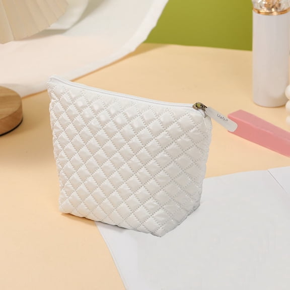 breaise Puffer Quilted Makeup Bag with Handle, Cute Puffy Cotton Cosmetic Bags for Women, Checkered Toiletry Zipper Pouch, Travel Essentials Storage Organizer Clutch Pouches Pencil Case