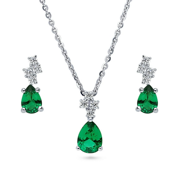 BERRICLE Sterling Silver Cluster Simulated Emerald Cubic Zirconia CZ Fashion Necklace and Earrings Set for Women, Rhodium Plated