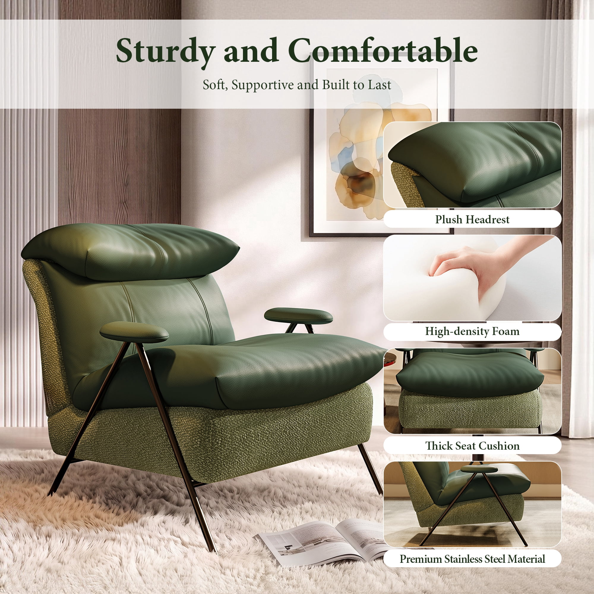 Aukfa PU Accent Chair, Modern Upholstered Armchair with Thick Padded Seat and Back for Living Room & Bedroom, Green