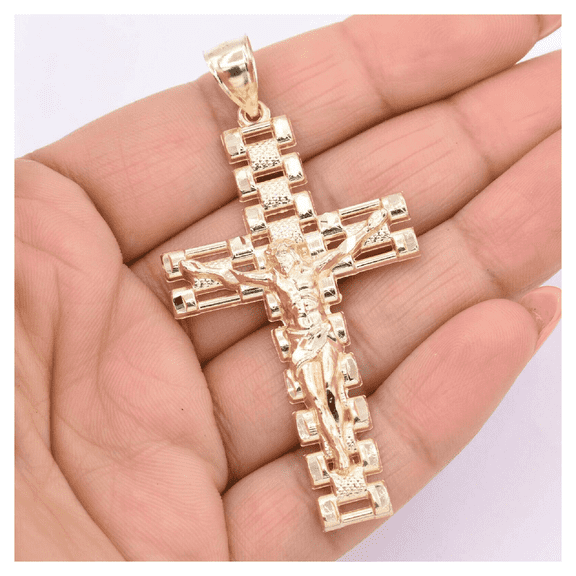 Diamond-Cut Rlx Railroad Cross Textured Pendant Unisex Adult 10K Yellow Gold 6.39 Gr, GOLDUM NYC