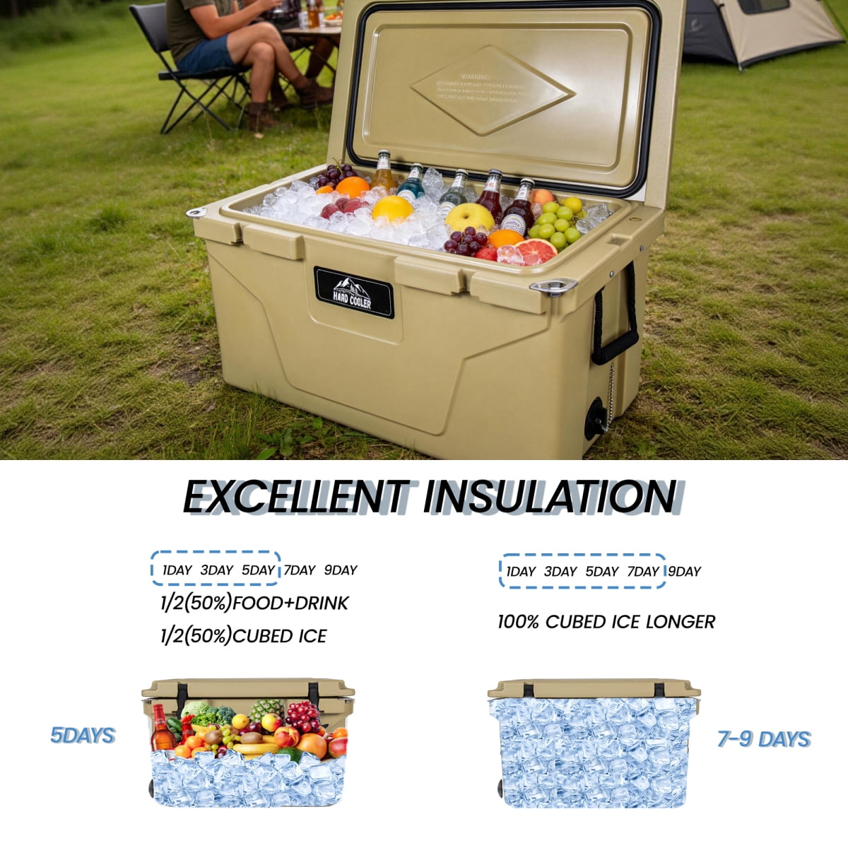 85 Quart Khaki Cooler, Ultra-Light Insulated Ice Chest, Heavy-Duty Hard Shell Cooler with 6-Day Ice Retention for Camping, Tailgating, Job Site, Multiple Sizes Available