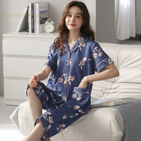 

QWZNDZGR Summer New Short Sleeve Women s Pajamas Set Cartoon Leisure Nightwear Knitted Cotton Plaid Long Pants Sleepwear Fashion Homewear